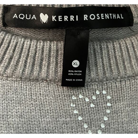 Aqua x Kerri Rosenthal Gray Crew Neck Rhinestone Hearts Women's Sweater Size XL - Picture 3 of 4